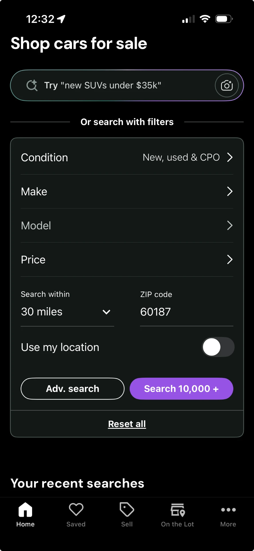 Cars.com app home screen showing car search with filters