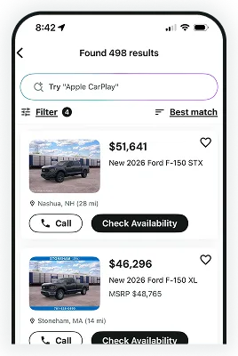 Cars.com app search results with favorited listings